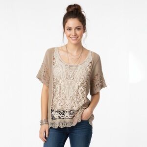 FREE PEOPLE Sweet Memories Tan Crochet Lace Peasant Boho Prairie Silk Blend Top